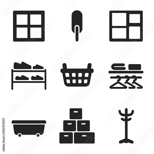 Creative Storage Icon Set. Solid, filled icons set of creative storage solutions: cubby shelf, wall hook,