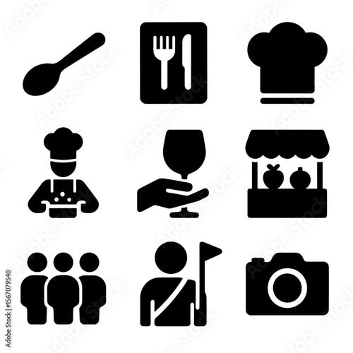 Food Tour Icons. Solid, filled icon set of food tour activities: tasting spoon, menu, chef hat, cooking class, wine tasting, food