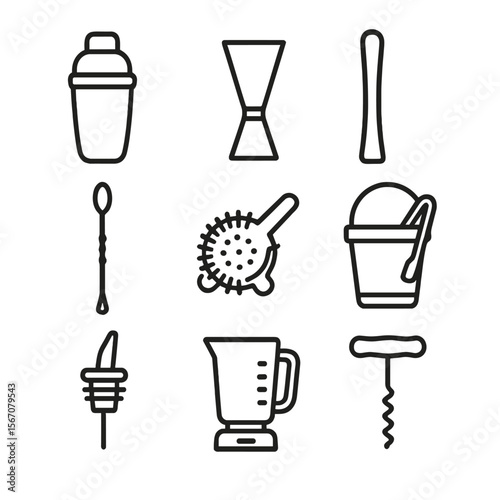 Bartending Tools Icons. Outline icon set of bartending tools and equipment: cocktail shaker, jigger measuring cup, muddler, bar