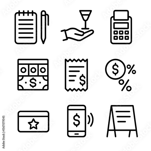 Bar Service Icons. Outline icon set of bar service and transactions: order pad with pen, server hand holding drink, POS terminal