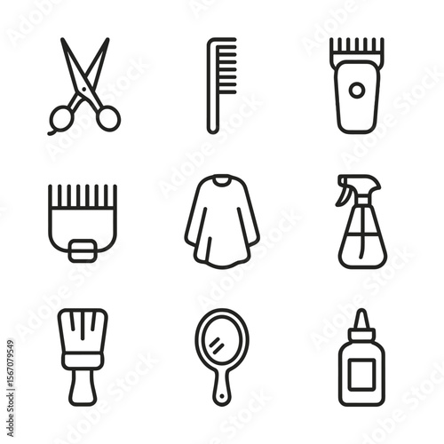 Barber Tools Icons. Outline icon set of hair trimming tools and equipment: hair-cutting scissors, barber comb, electric clippers,