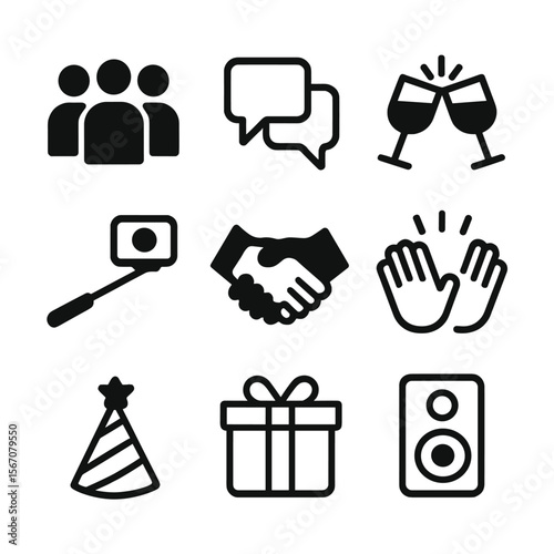 Food Tour Icons. Solid, filled icon set of food tour socializing: group of people, chat bubbles, clinking glasses, selfie stick,