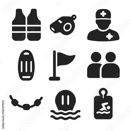 Water Safety Icons. Solid, filled icons set of water safety accessories: life vest, pool whistle, lifeguard