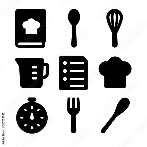 Recipe Icon Set. Solid, Filled icon set of recipe journaling: recipe book, spoon, whisk, measuring cup, ingredient list, chef’s