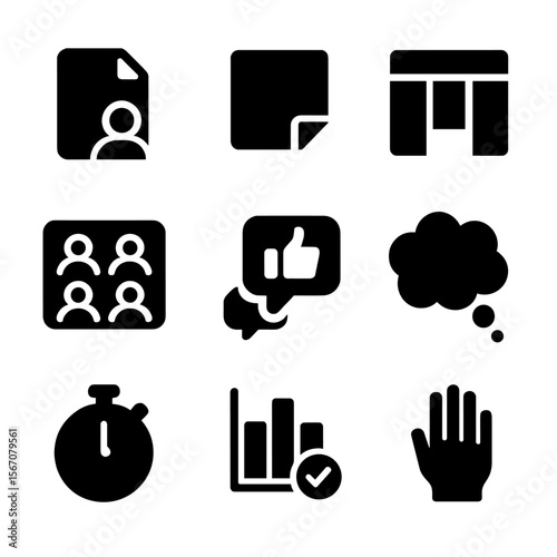Virtual Tools Icon Set. Solid, filled icon set of virtual collaboration tools: shared document, virtual sticky note, task board,