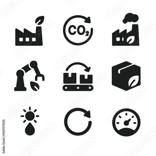 Eco-Friendly Icon Set. Solid, filled icon set of clean manufacturing: green factory, carbon-neutral symbol, low-emission plant,