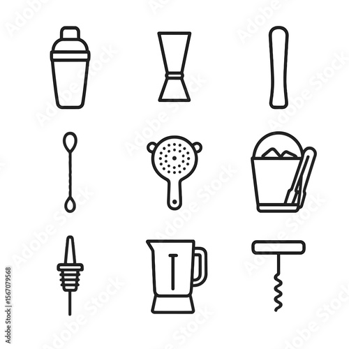 Bartending Tools Icons. Outline icon set of bartending tools and equipment: cocktail shaker, jigger measuring cup, muddler, bar