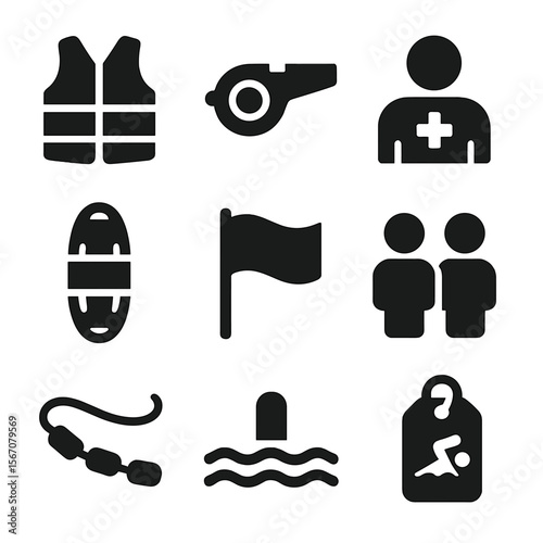 Water Safety Icons. Solid, filled icons set of water safety accessories: life vest, pool whistle, lifeguard