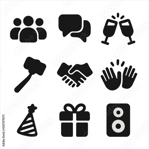 Food Tour Icons. Solid, filled icon set of food tour socializing: group of people, chat bubbles, clinking glasses, selfie stick,