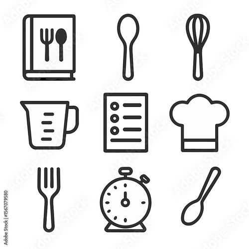 Recipe Journal Icons. Flat icon set of recipe journaling: recipe book, spoon, whisk, measuring cup, ingredient list, chef’s hat,