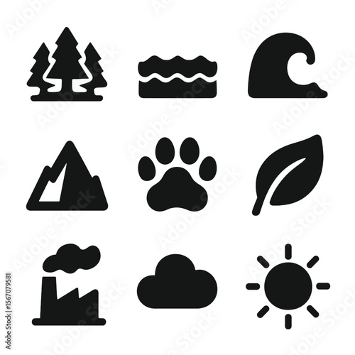Environmental Icons Grid. Solid, filled icon set of environmental elements monitored: forest, river, ocean wave, mountain,