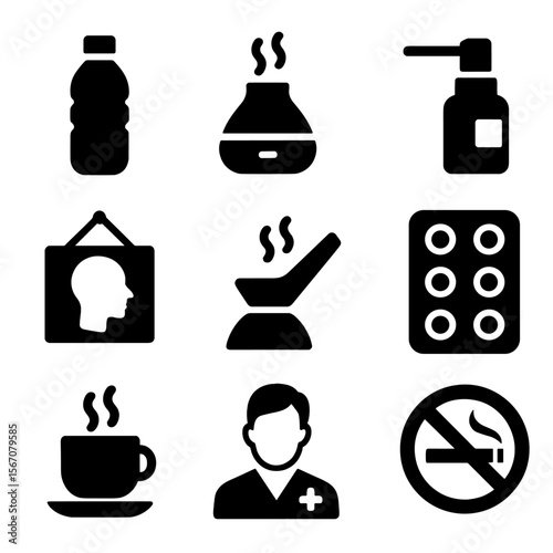 Vocal Health Essentials Icons. Solid, filled icon set of vocal health essentials: water bottle, humidifier, throat spray, vocal