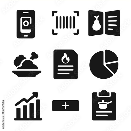 Food Tracking Icons. Solid, filled icon set of food tracking and logging: mobile app, barcode scan, food diary, portion image,