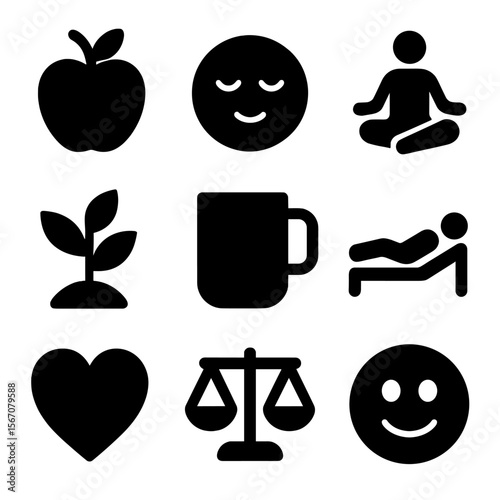 Wellness Icons Grid. Solid, filled icons set of work-life balance and fulfillment: wellness icon, calm face,
