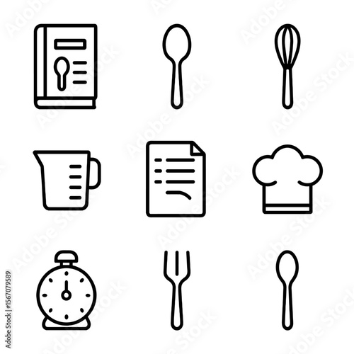 Recipe Icon Grid. Outline icon set of recipe journaling: recipe book, spoon, whisk, measuring cup, ingredient list, chef’s hat,