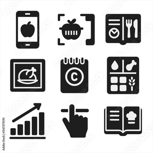 Food Tracking Icons. Solid, filled icon set of food tracking and logging: mobile app, barcode scan, food diary, portion image,