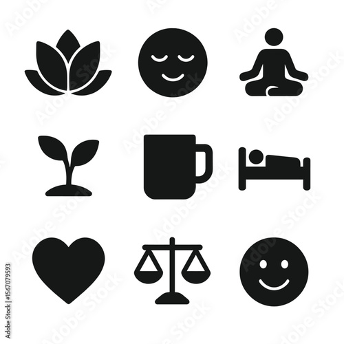 Wellness Icons Grid. Solid, filled icons set of work-life balance and fulfillment: wellness icon, calm face,