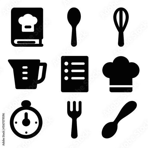 Recipe Icon Set. Solid, Filled icon set of recipe journaling: recipe book, spoon, whisk, measuring cup, ingredient list, chef’s