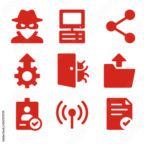 Red Team Icons. Solid, Filled icon set of red team operations: covert entry, command-and-control server, lateral movement path,