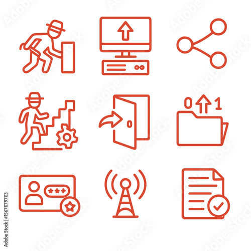 Red Team Iconography. Outline icon set of red team operations: covert entry, command-and-control server, lateral movement path,