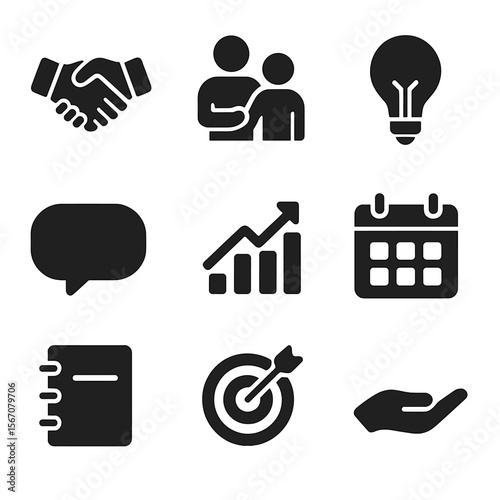 Workplace Mentorship Icons. Solid, filled icons set of workplace mentorship and coaching: handshake, mentor
