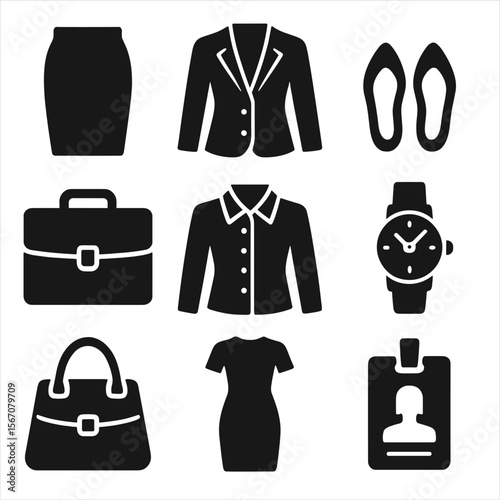 Women's Business Attire Icons. Solid, filled icons set of business attire for women: pencil skirt, blazer,