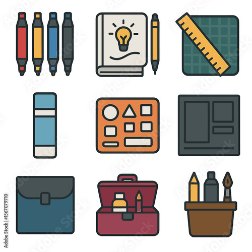 Creative Workspace Icons. Solid, filled icons set of creative workstations: color markers, design sketchbook,
