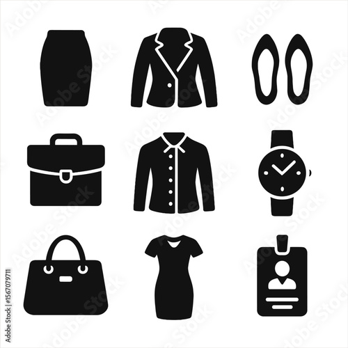 Women's Business Attire Icons. Solid, filled icons set of business attire for women: pencil skirt, blazer,