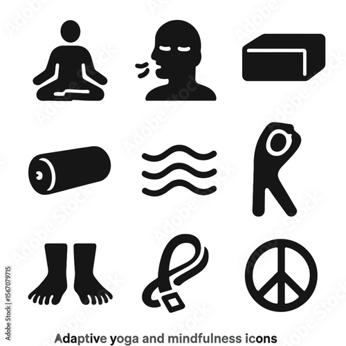 Yoga and Mindfulness Icons. Solid, filled icons set of adaptive yoga and mindfulness: sitting pose, guided