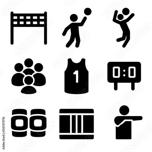Volleyball Icon Set. Solid, filled icon set of volleyball team: volleyball net, serve icon, player jump, team circle, knee pads,