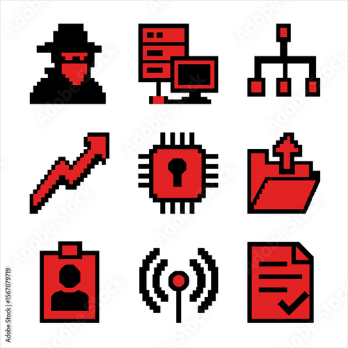 Red Team Tactics Icons. Pixel art icon set of red team operations: covert entry, command-and-control server, lateral movement path