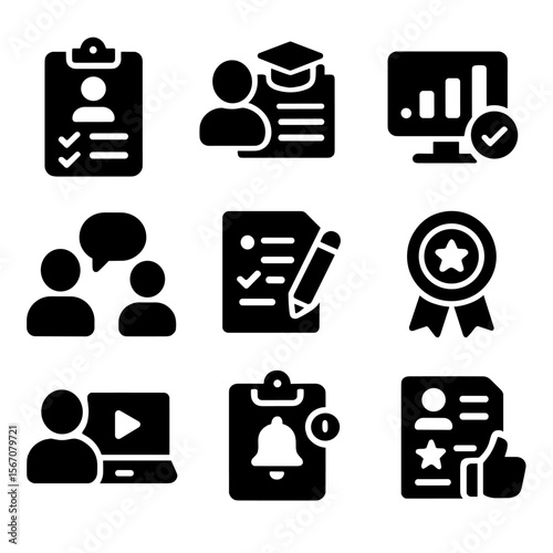 Education Icon Set. Solid, filled icon set of personalized education: learning plan, customized curriculum, progress tracker,