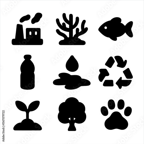 Environmental Impact Icons. Solid, filled icon set of environmental impact: pollution, coral reef, fish, plastic bottle, oil spill