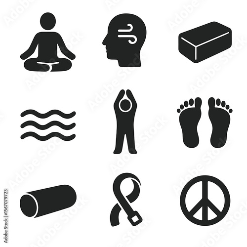 Yoga and Mindfulness Icons. Solid, filled icons set of adaptive yoga and mindfulness: sitting pose, guided