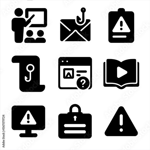 Education Security Icons. Solid, filled icon set of user education and awareness: training session, phishing email, awareness