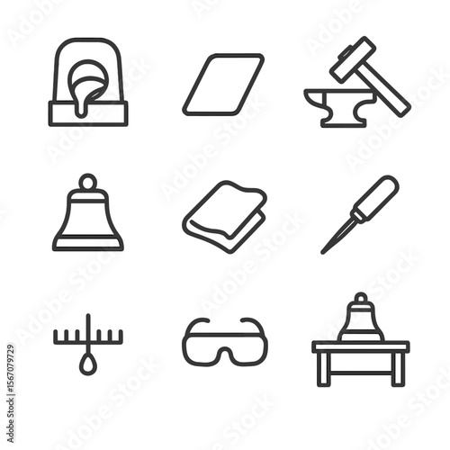 Bell Crafting Icons. Outline icon set of bell crafting and metalwork: foundry furnace, metal sheet blank, hammer and anvil, bell