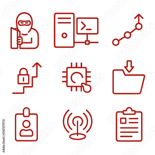 Red Team Iconography. Outline icon set of red team operations: covert entry, command-and-control server, lateral movement path,