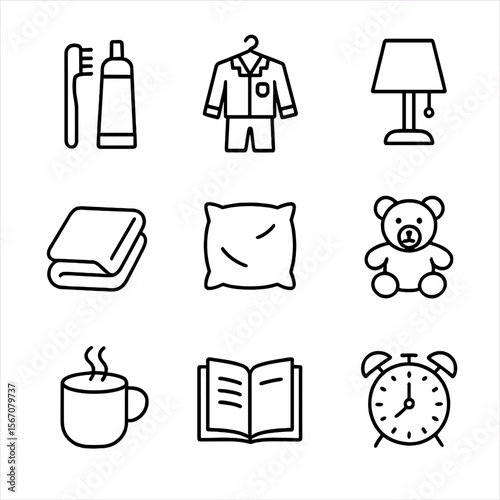 Bedtime Routine Icons. Outline icon set of bedtime routine essentials: toothbrush and toothpaste, pajamas hanging, night lamp,