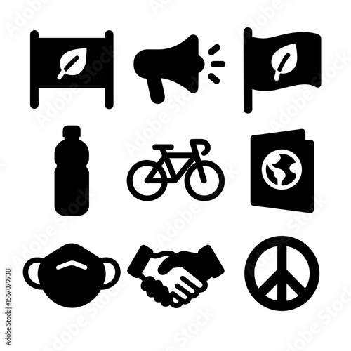 Environmental Protest Icons. Solid, filled icon set of environmental protest tools: banner, loudspeaker, water bottle, eco flag,