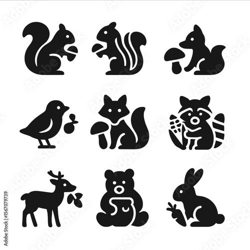 Forest Animals Icons. Solid, filled icon set of forest animals gathering food: squirrel, chipmunk, hedgehog, bird with berry, fox