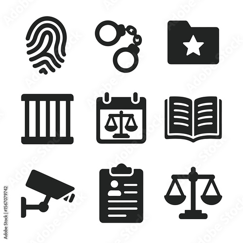 Criminal Justice Icons. Solid, filled icons set of criminal justice icons: fingerprint, handcuffs, police file