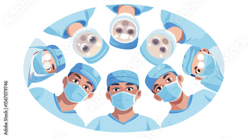 Illustration of surgeons wearing masks in operating room with surgical lights