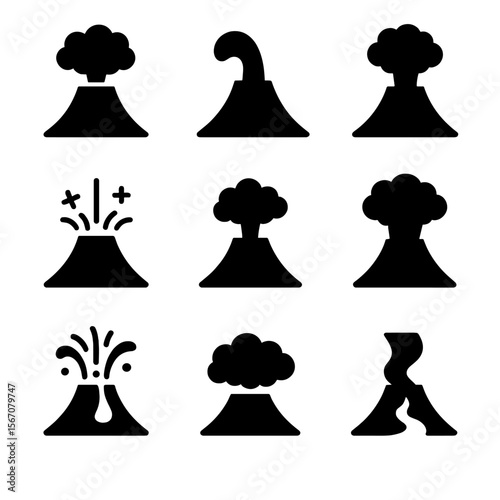 Volcanic Eruption Icons. Solid, filled icon set of volcanic eruption types: explosive eruption, effusive eruption, phreatic