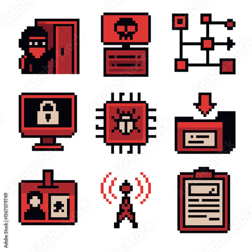 Red Team Tactics Icons. Pixel art icon set of red team operations: covert entry, command-and-control server, lateral movement path