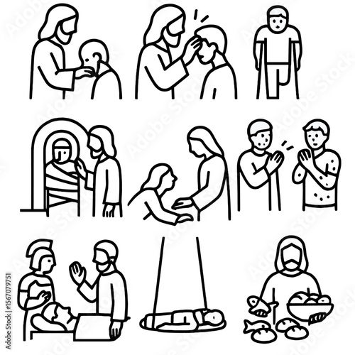 Biblical Miracle Icons. Outline icon set of biblical healing miracles: Jesus laying on hands, blind receiving sight, lame man with
