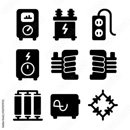 Voltage Devices Icons. Solid, filled icon set of voltage regulation devices: voltage stabilizer, transformer, surge protector,