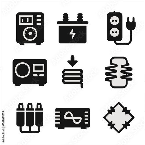 Voltage Devices Icons. Solid, filled icon set of voltage regulation devices: voltage stabilizer, transformer, surge protector,