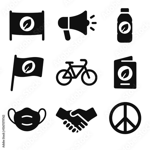 Environmental Protest Icons. Solid, filled icon set of environmental protest tools: banner, loudspeaker, water bottle, eco flag,