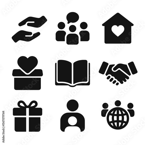 Volunteer Icon Set. Solid, filled icon set of Volunteer and community support: helping hands, group discussion, community center,