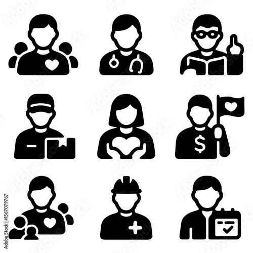 Volunteer Roles Icons. Solid, filled icon set of volunteer roles: team leader, medical aid, educator, logistics coordinator,